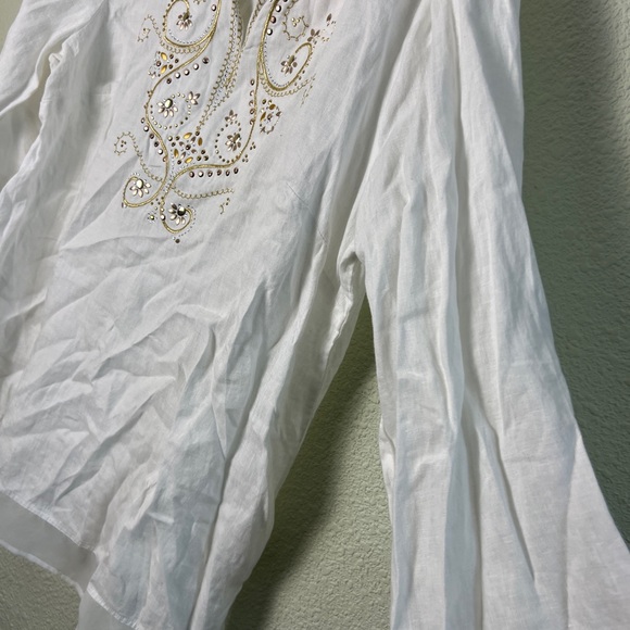 JM Collection White Natural Linen Embellished Tunic Shirt Artsy Top Womens XL - Picture 2 of 10